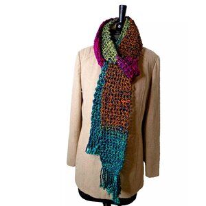 Retro MultiColor Scarf 99x5 Extra Long Chunky Handmade Crochet Hand Knit NWT